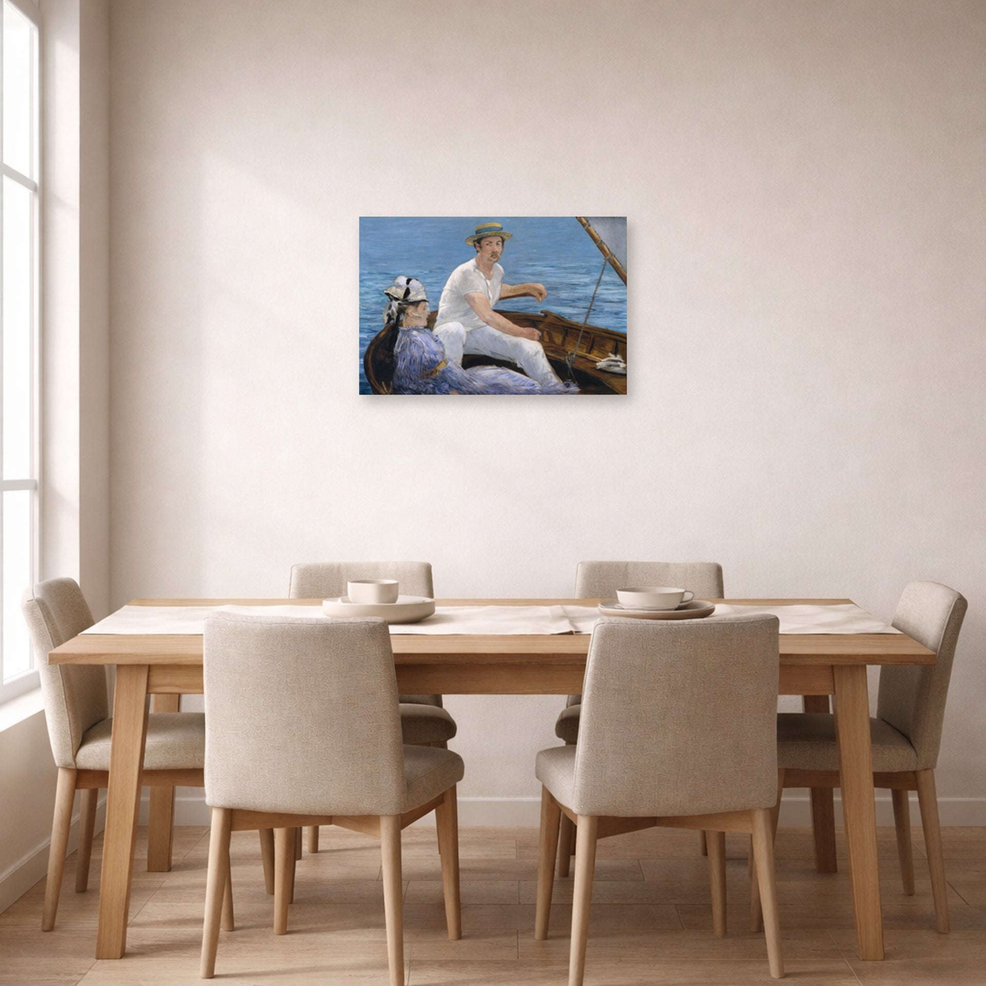 Unframed poster print of Edouard Manet's 'Boating, Metropolitan Museum of Art' displayed on a wall in a dining room
