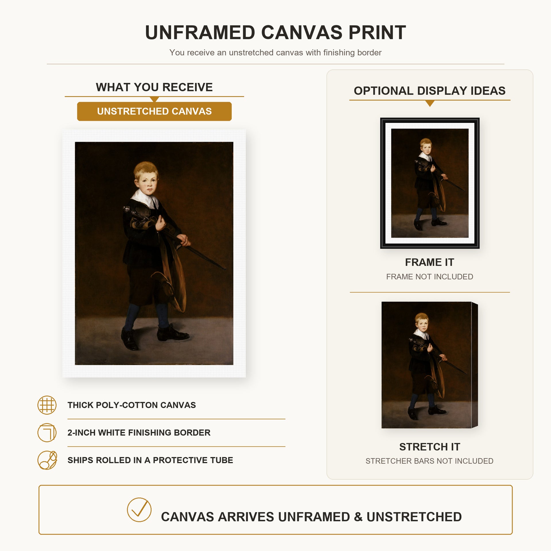 Edouard Manet - Boy with a Sword canvas print size comparison and framing display infographic
