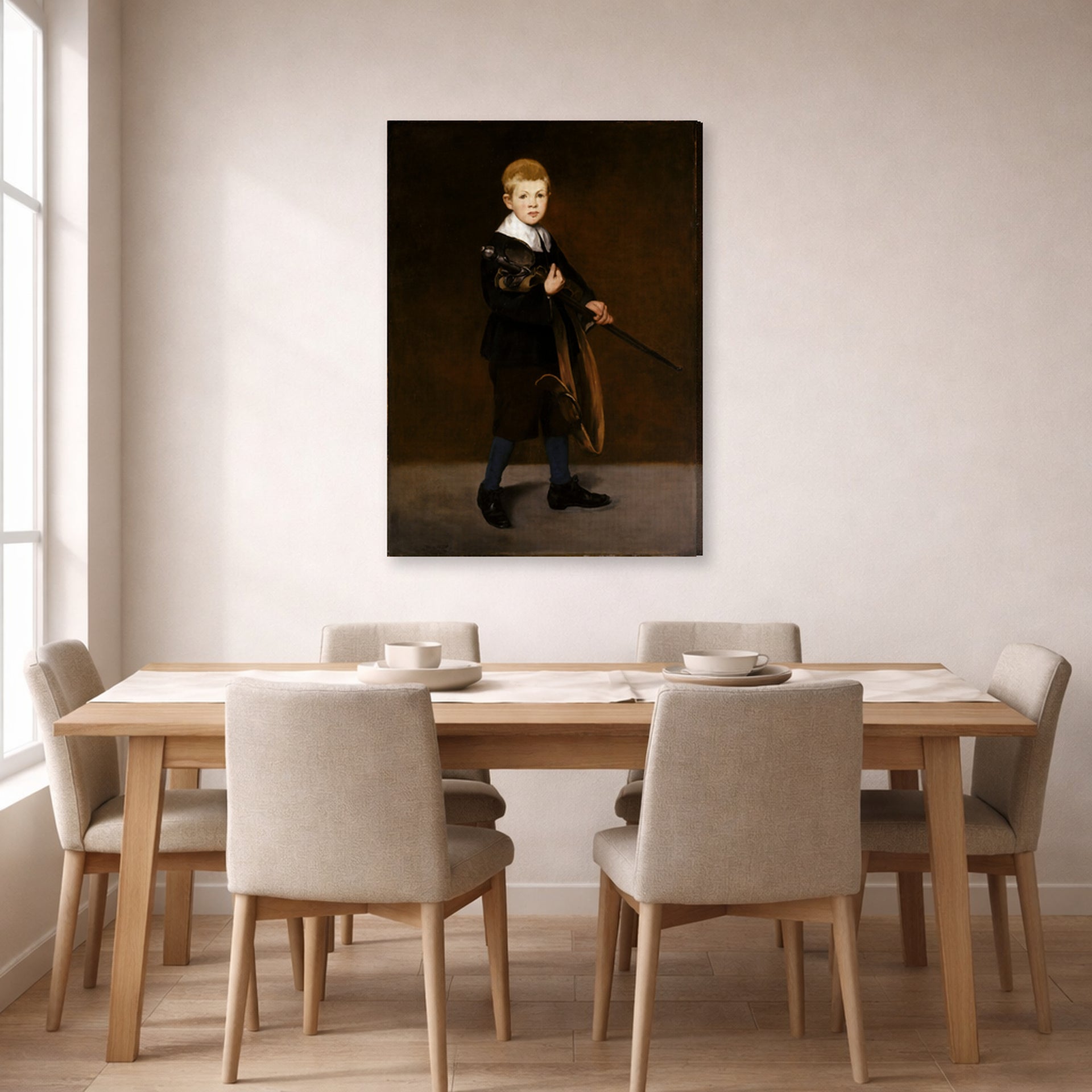 Gallery-wrapped canvas print of Edouard Manet's 'Boy with a Sword' displayed on a wall in a dining room