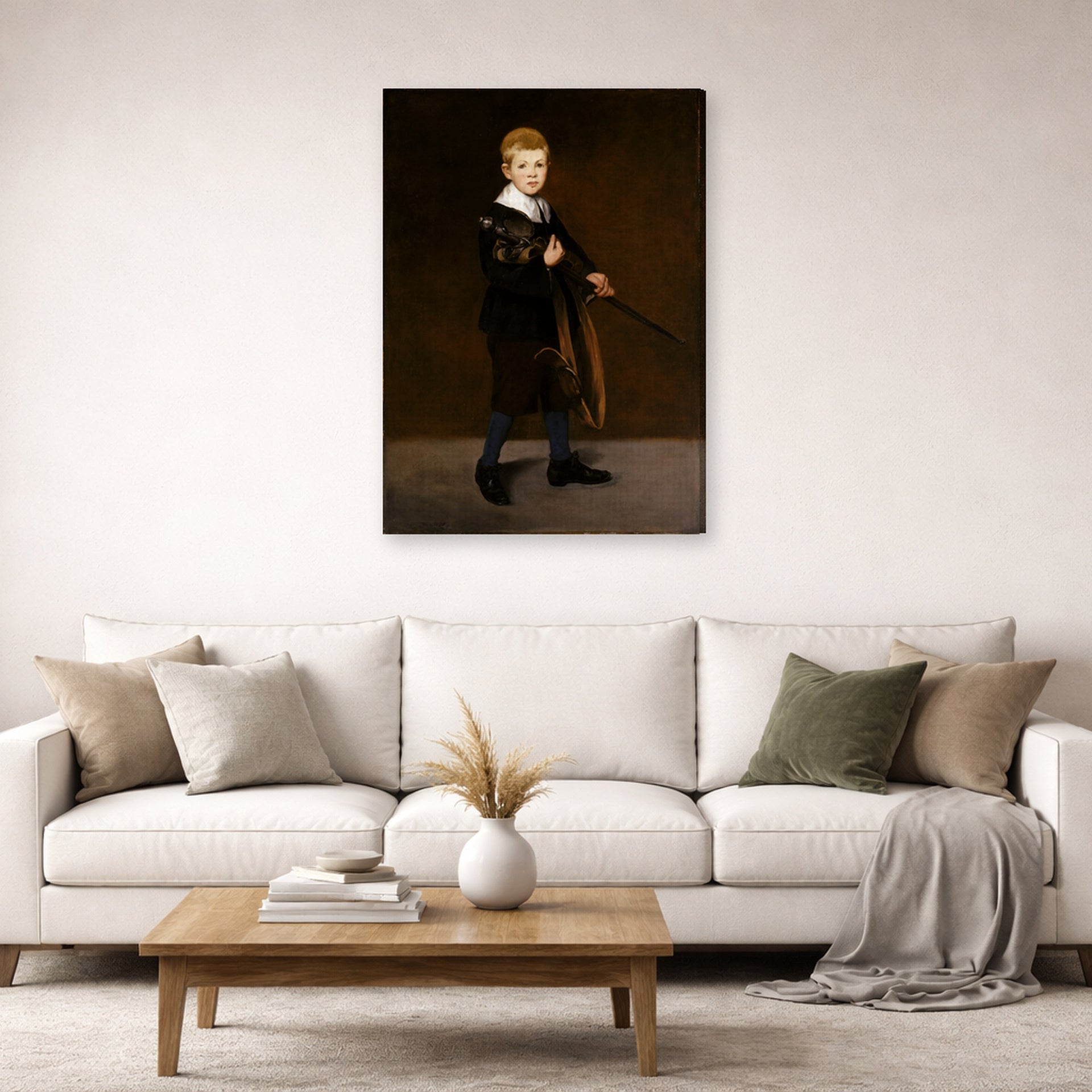 Gallery-wrapped canvas print of Edouard Manet's 'Boy with a Sword' displayed on a wall in a living room
