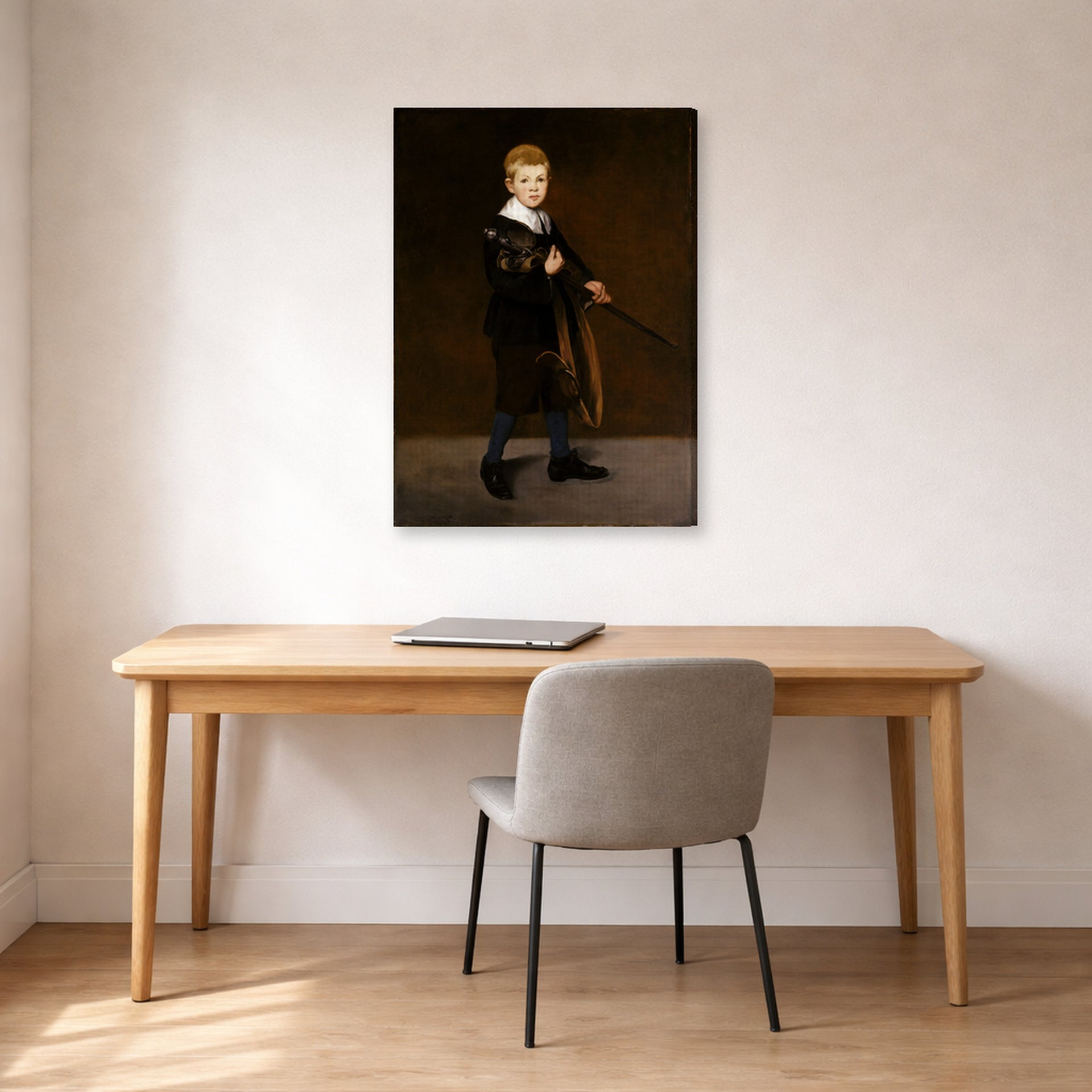 Gallery-wrapped canvas print of Edouard Manet's 'Boy with a Sword' displayed on a wall in a home office