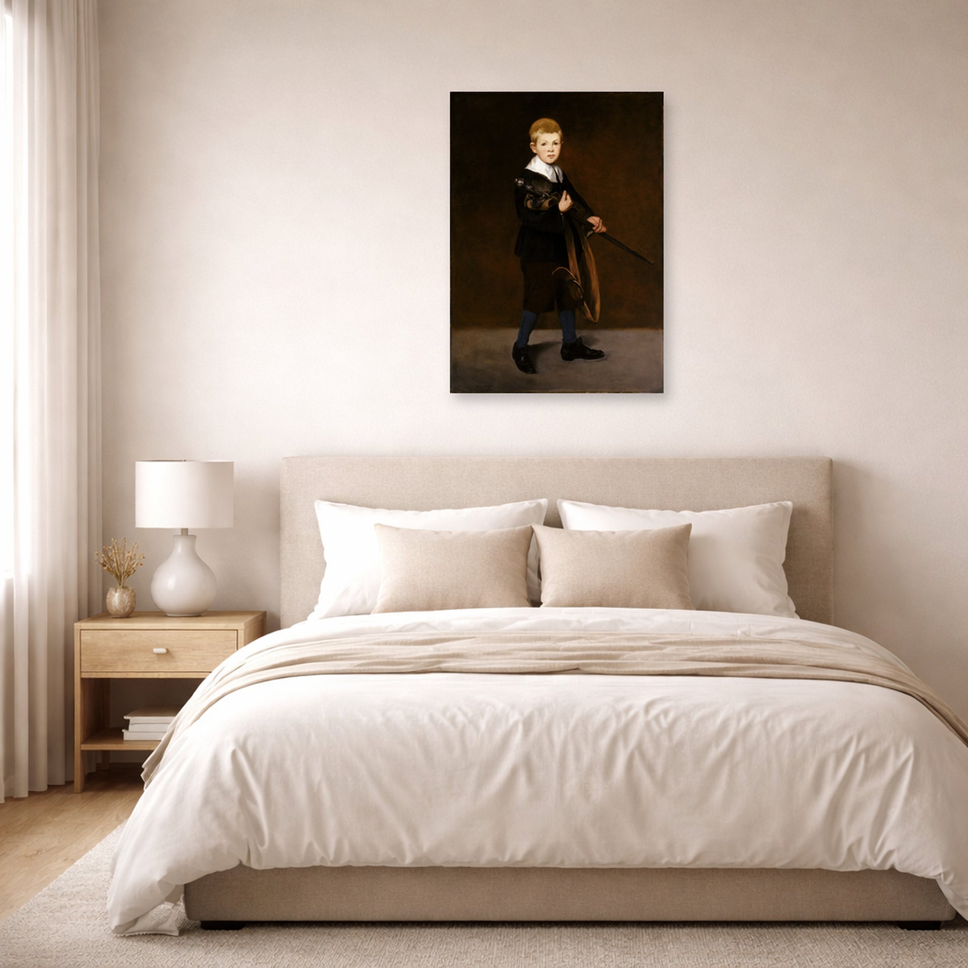 Unframed poster print of Edouard Manet's 'Boy with a Sword' displayed on a wall in a bedroom