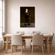 Unframed poster print of Edouard Manet's 'Boy with a Sword' displayed on a wall in a dining room