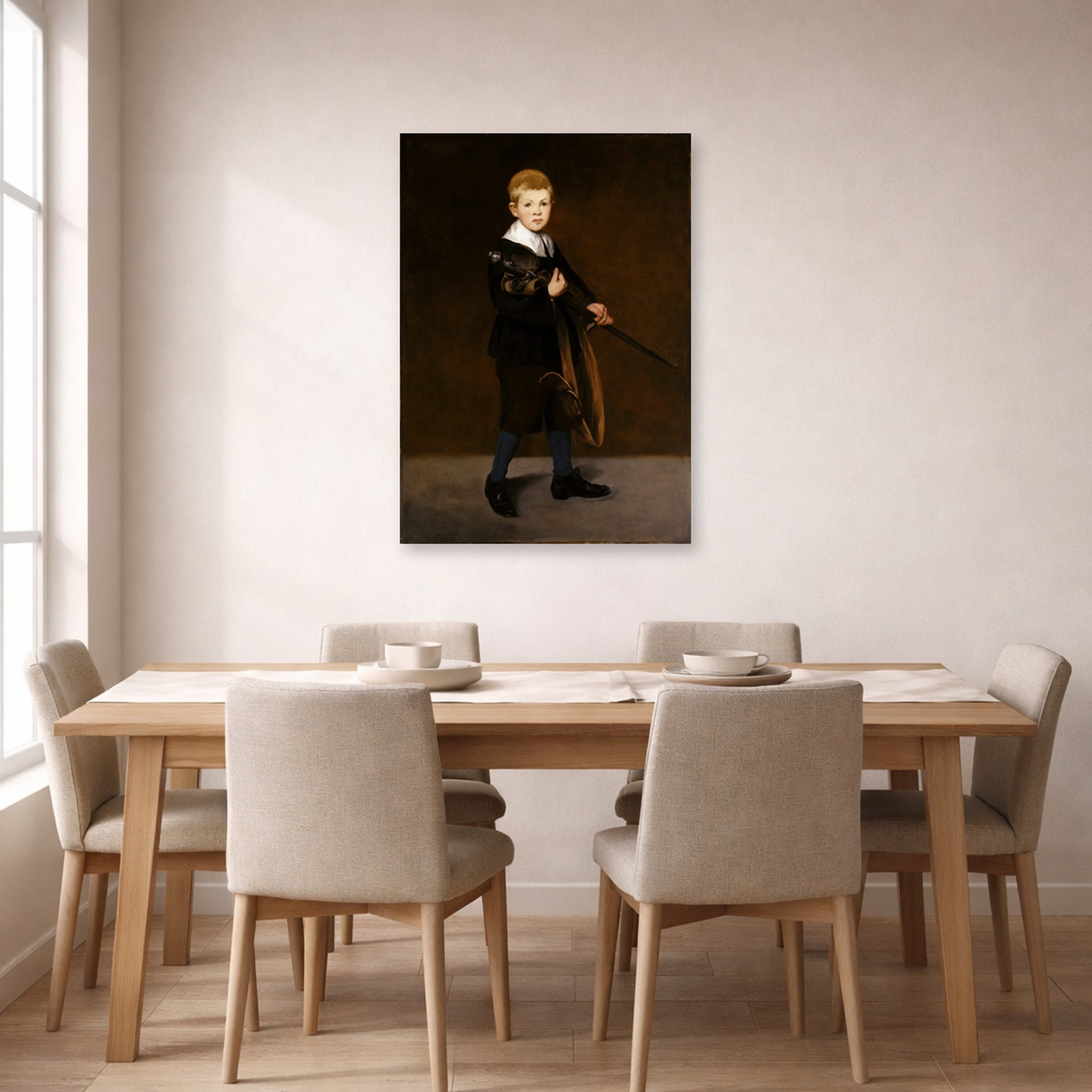 Unframed poster print of Edouard Manet's 'Boy with a Sword' displayed on a wall in a dining room