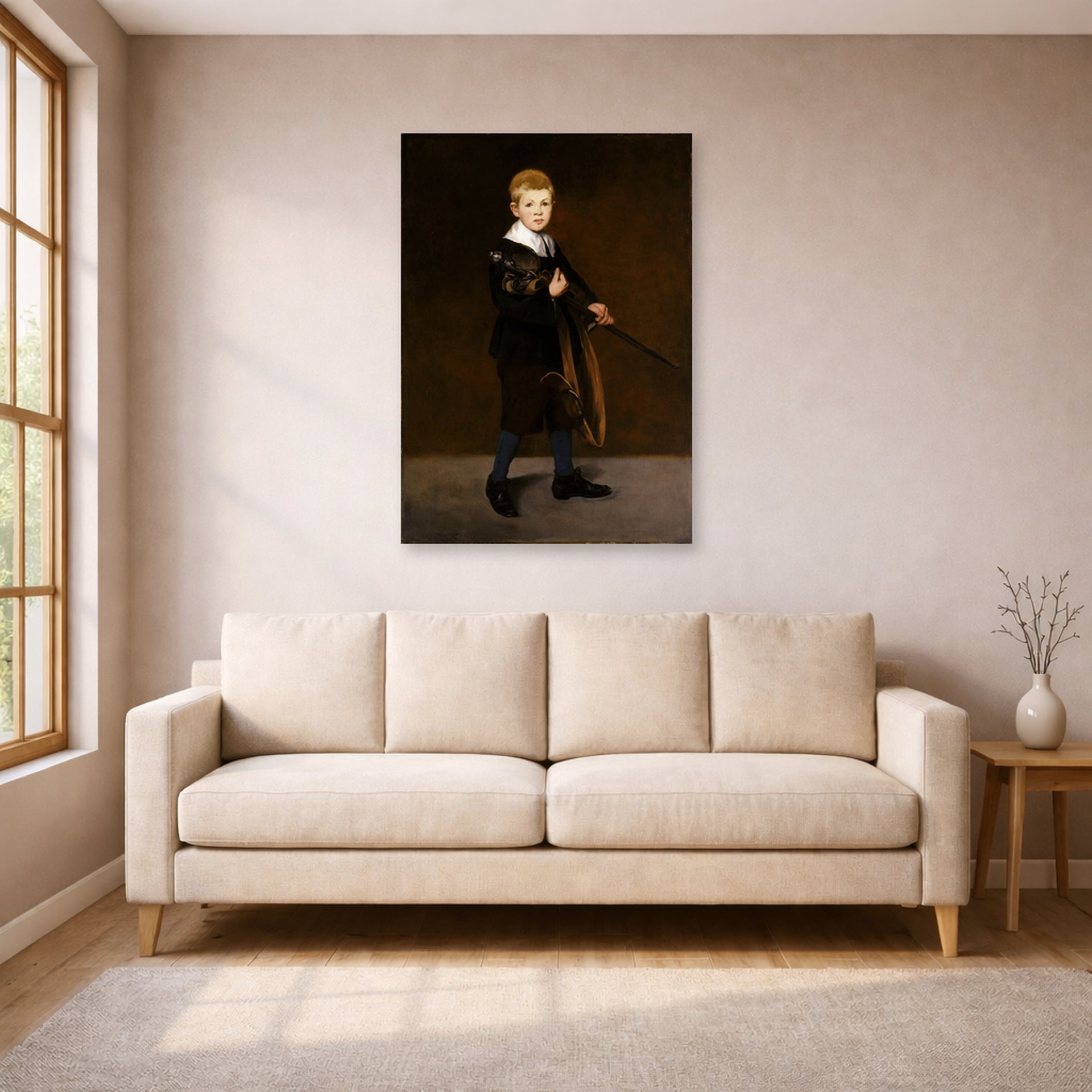 Unframed poster print of Edouard Manet's 'Boy with a Sword' displayed on a wall in a living room