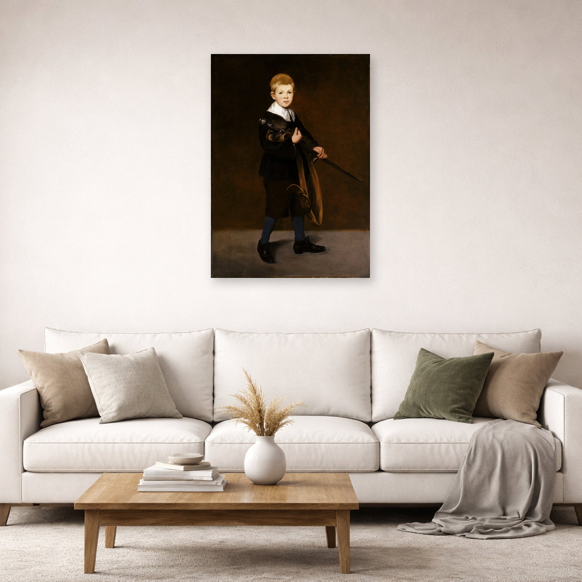 Unframed poster print of Edouard Manet's 'Boy with a Sword' displayed on a wall in a living room
