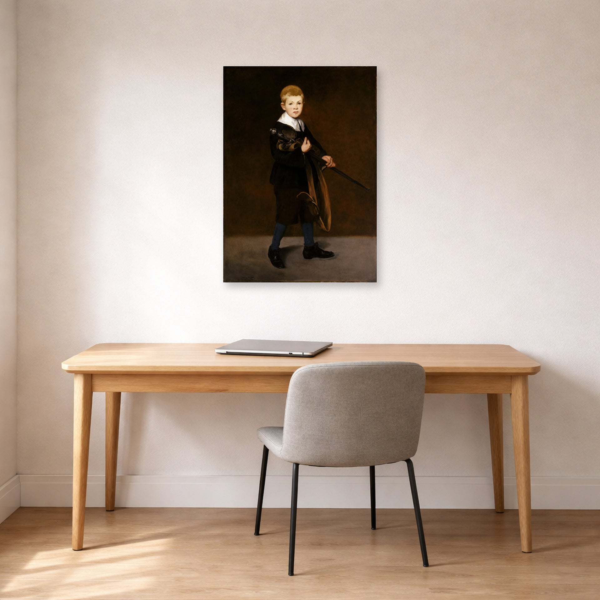 Unframed poster print of Edouard Manet's 'Boy with a Sword' displayed on a wall in a home office