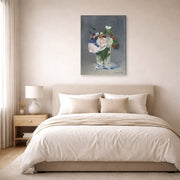 Gallery-wrapped canvas print of Edouard Manet's 'Flowers in a Crystal Vase' displayed on a wall in a bedroom