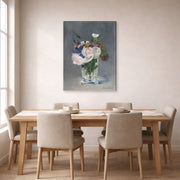 Gallery-wrapped canvas print of Edouard Manet's 'Flowers in a Crystal Vase' displayed on a wall in a dining room