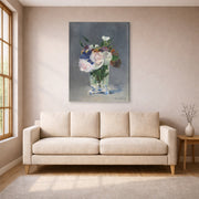 Gallery-wrapped canvas print of Edouard Manet's 'Flowers in a Crystal Vase' displayed on a wall in a living room
