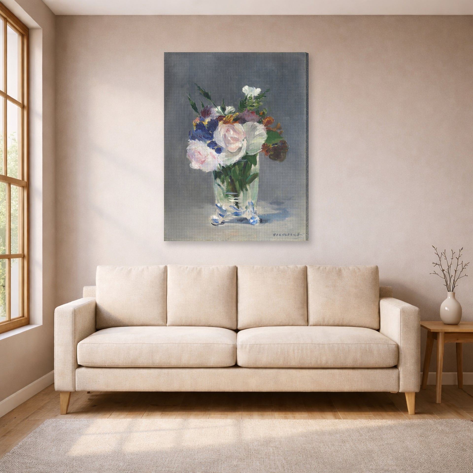 Gallery-wrapped canvas print of Edouard Manet's 'Flowers in a Crystal Vase' displayed on a wall in a living room