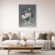 Gallery-wrapped canvas print of Edouard Manet's 'Flowers in a Crystal Vase' displayed on a wall in a living room