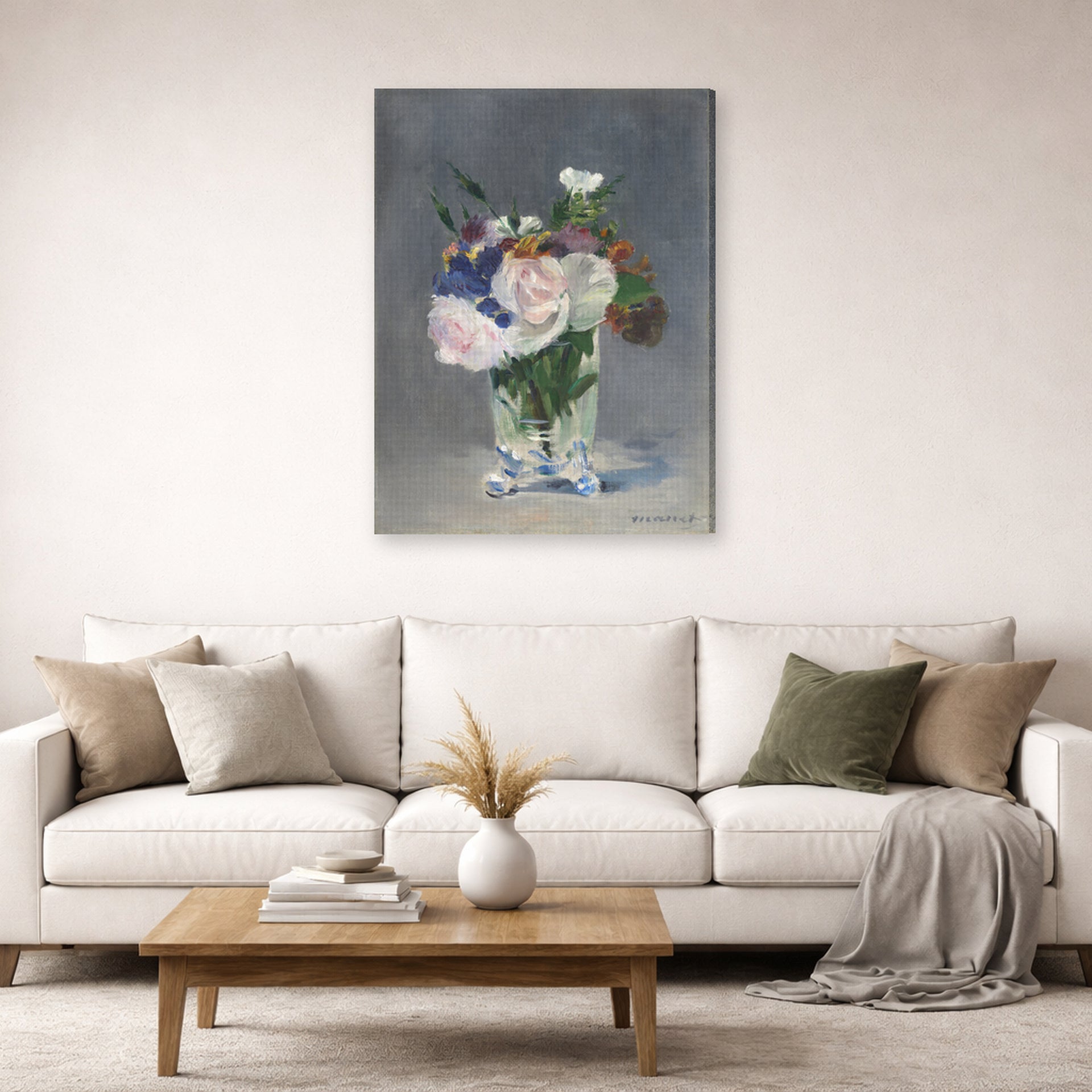 Gallery-wrapped canvas print of Edouard Manet's 'Flowers in a Crystal Vase' displayed on a wall in a living room