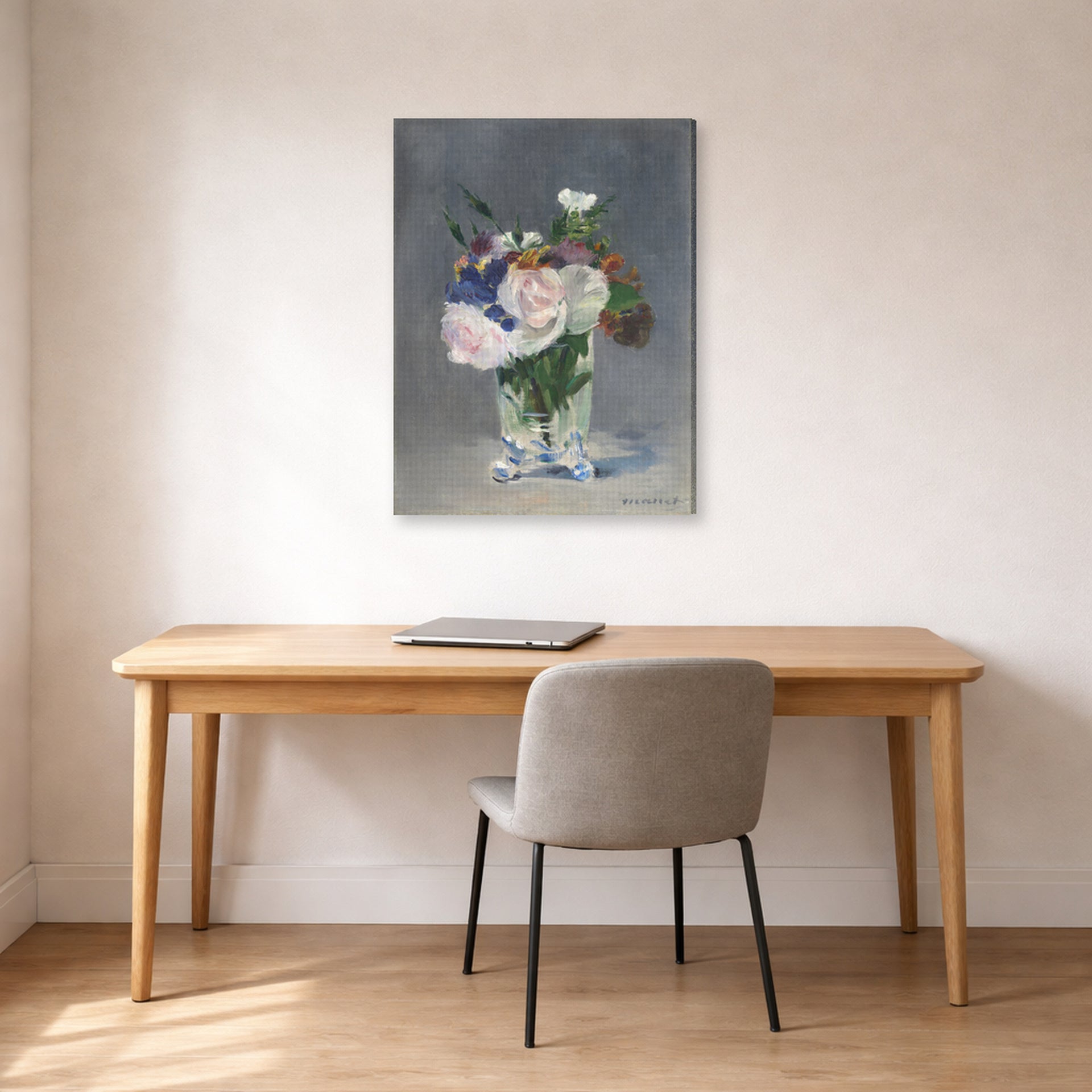 Gallery-wrapped canvas print of Edouard Manet's 'Flowers in a Crystal Vase' displayed on a wall in a home office