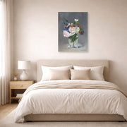 Unframed poster print of Edouard Manet's 'Flowers in a Crystal Vase' displayed on a wall in a bedroom