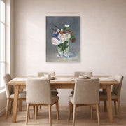Unframed poster print of Edouard Manet's 'Flowers in a Crystal Vase' displayed on a wall in a dining room