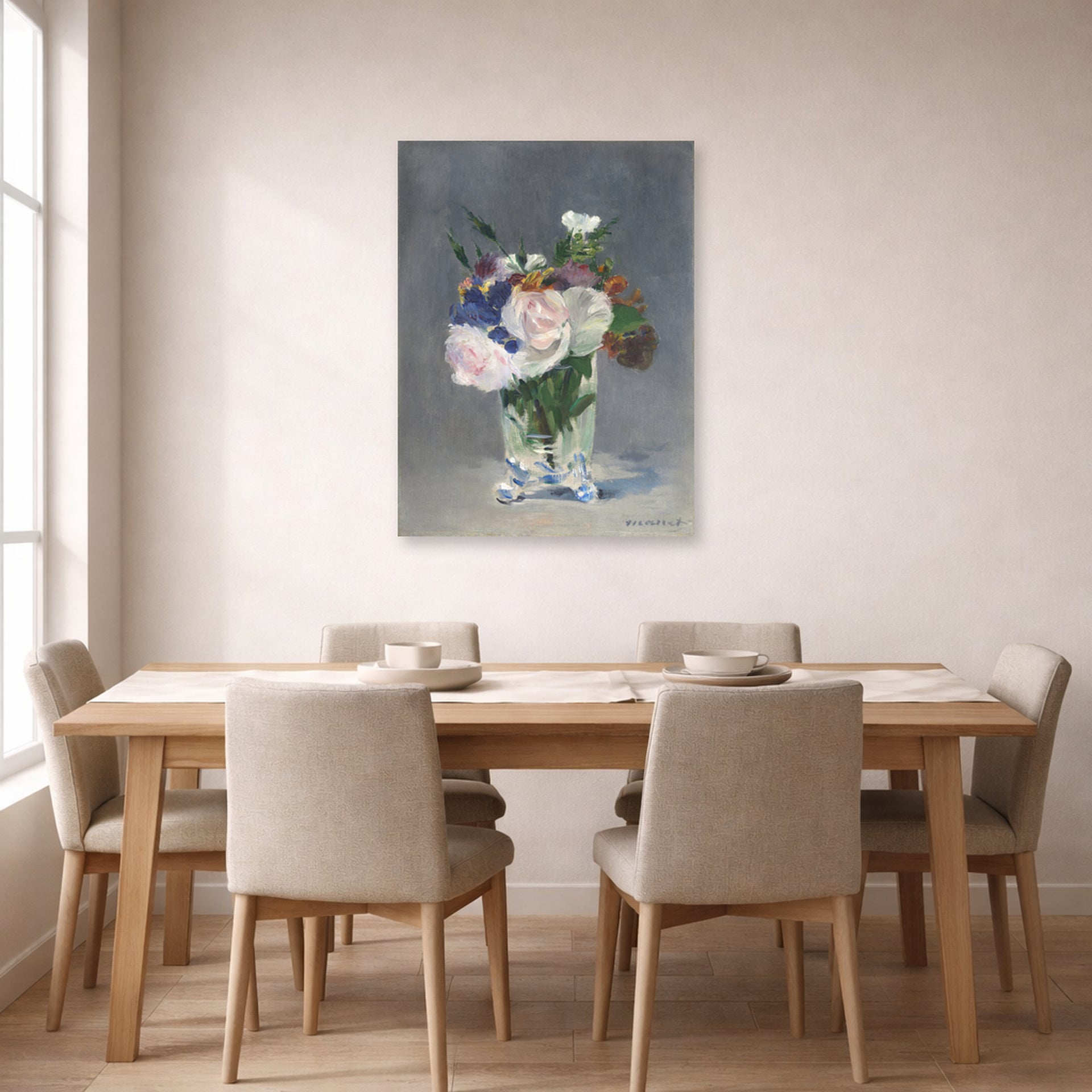 Unframed poster print of Edouard Manet's 'Flowers in a Crystal Vase' displayed on a wall in a dining room