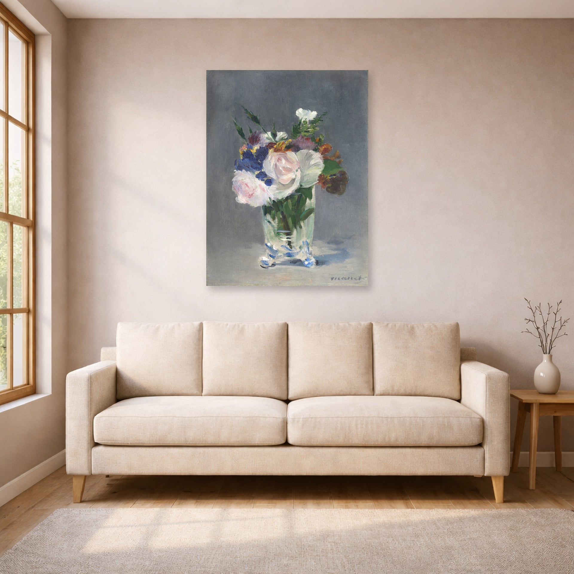 Unframed poster print of Edouard Manet's 'Flowers in a Crystal Vase' displayed on a wall in a living room