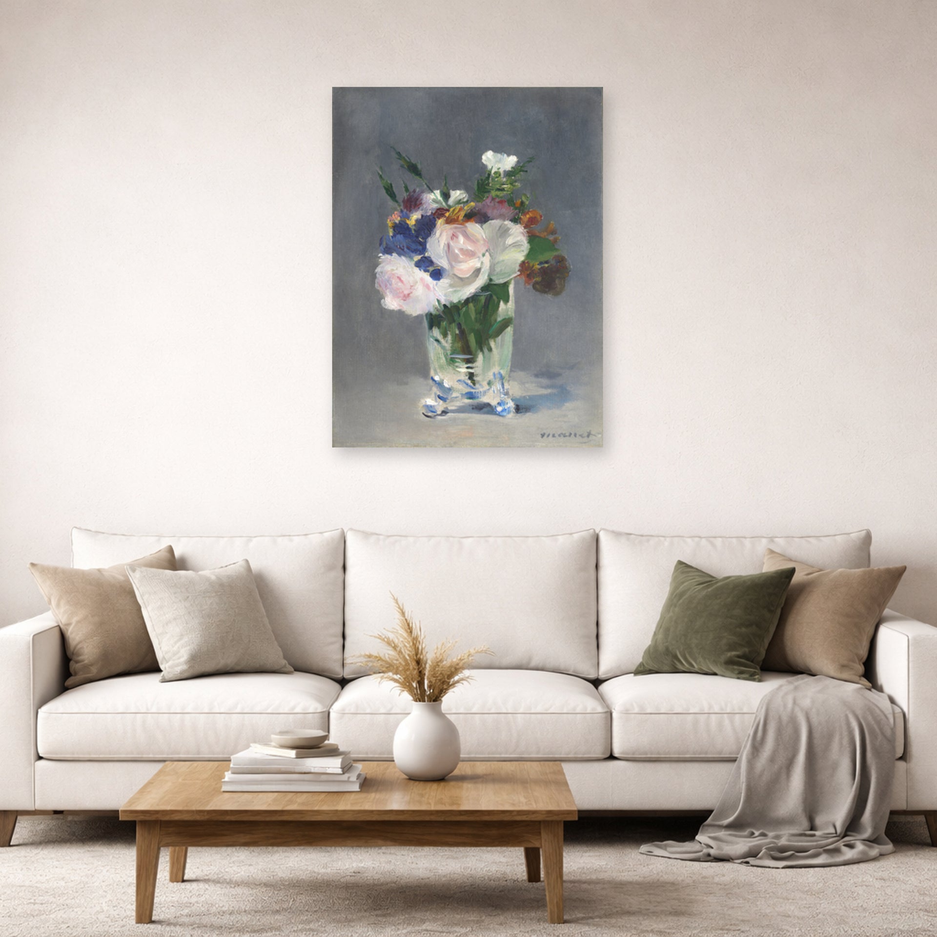 Unframed poster print of Edouard Manet's 'Flowers in a Crystal Vase' displayed on a wall in a living room