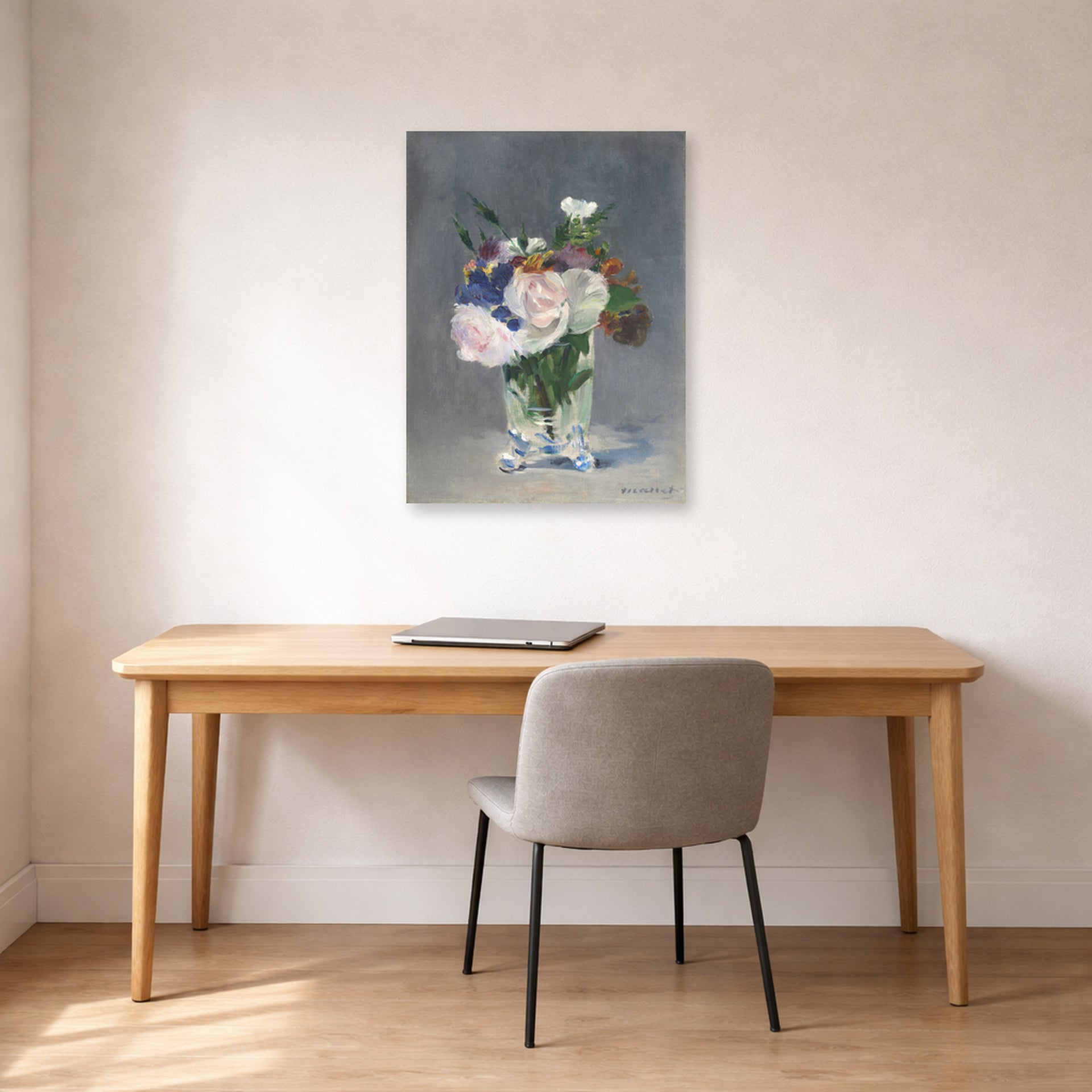 Unframed poster print of Edouard Manet's 'Flowers in a Crystal Vase' displayed on a wall in a home office