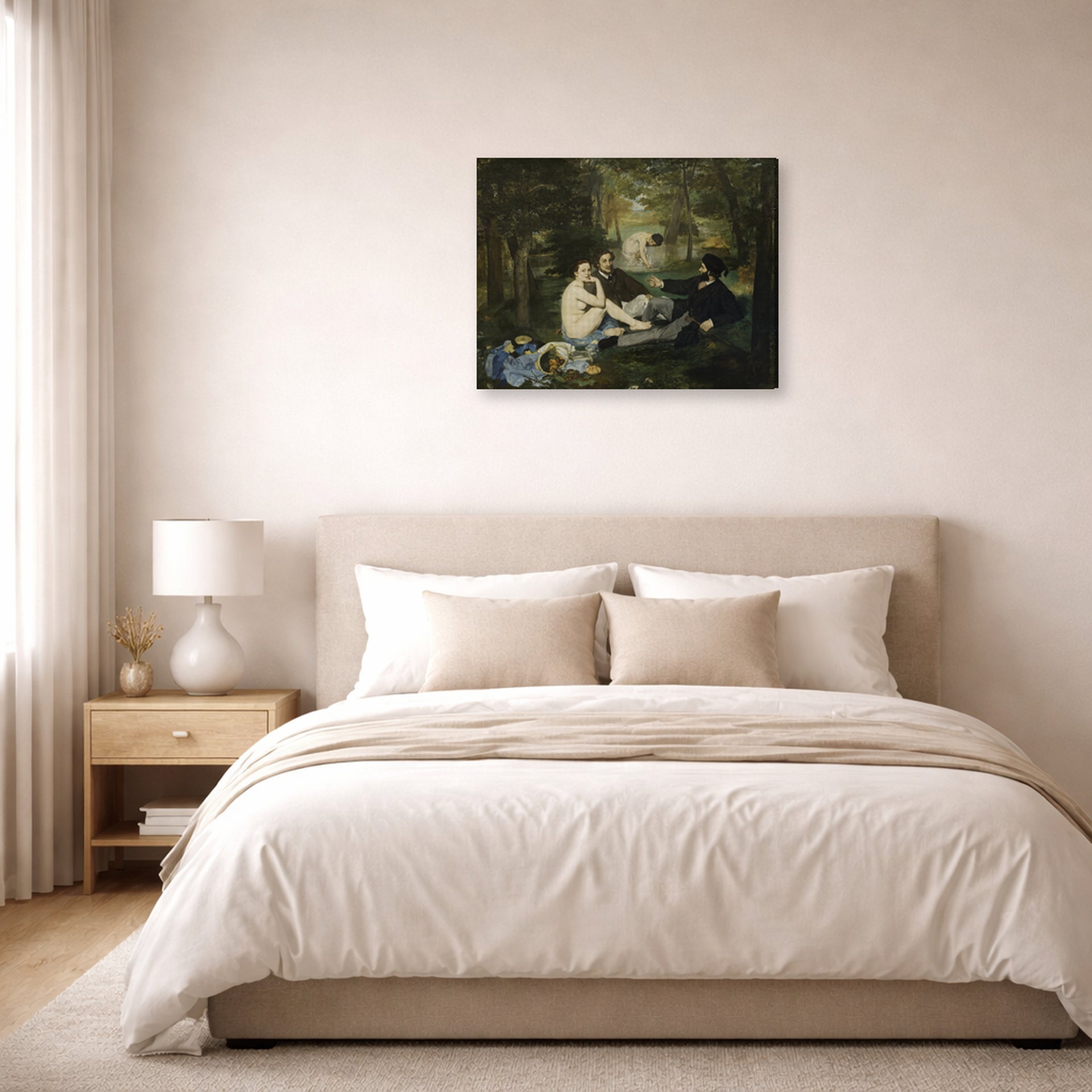 Gallery-wrapped canvas print of Edouard Manet's 'Luncheon on the Grass' displayed on a wall in a bedroom