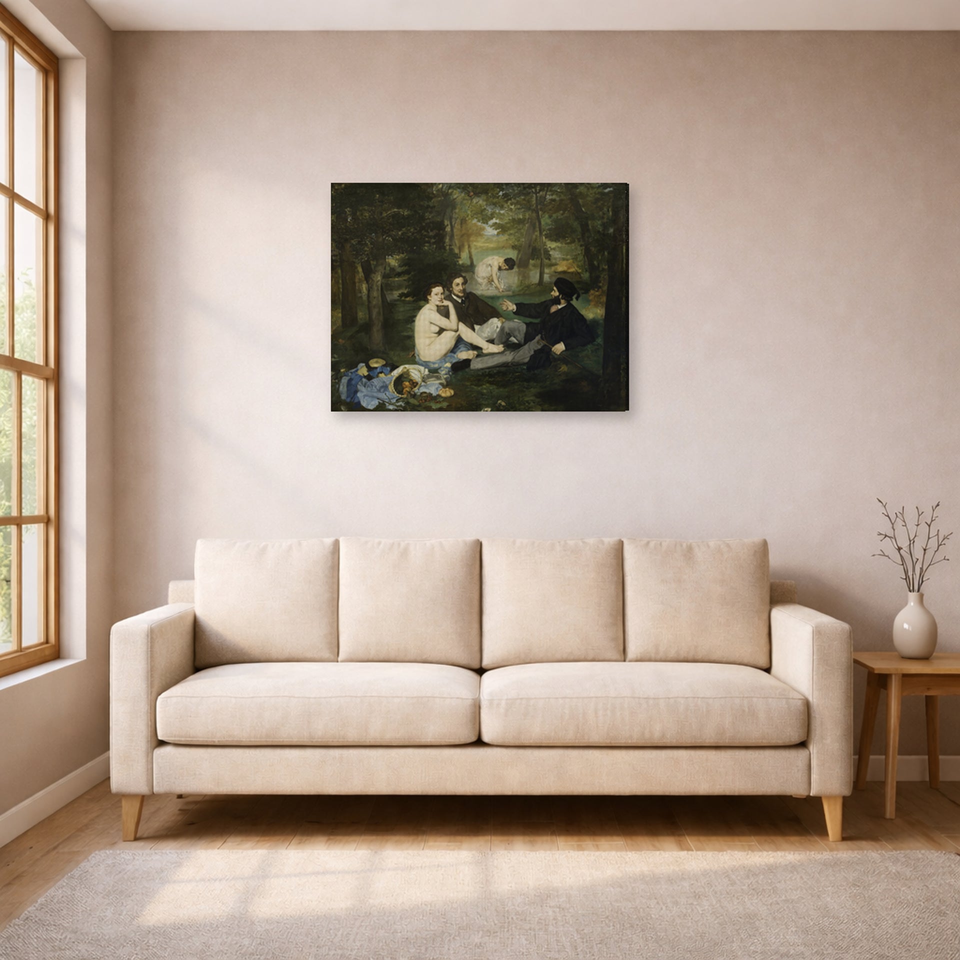 Gallery-wrapped canvas print of Edouard Manet's 'Luncheon on the Grass' displayed on a wall in a living room