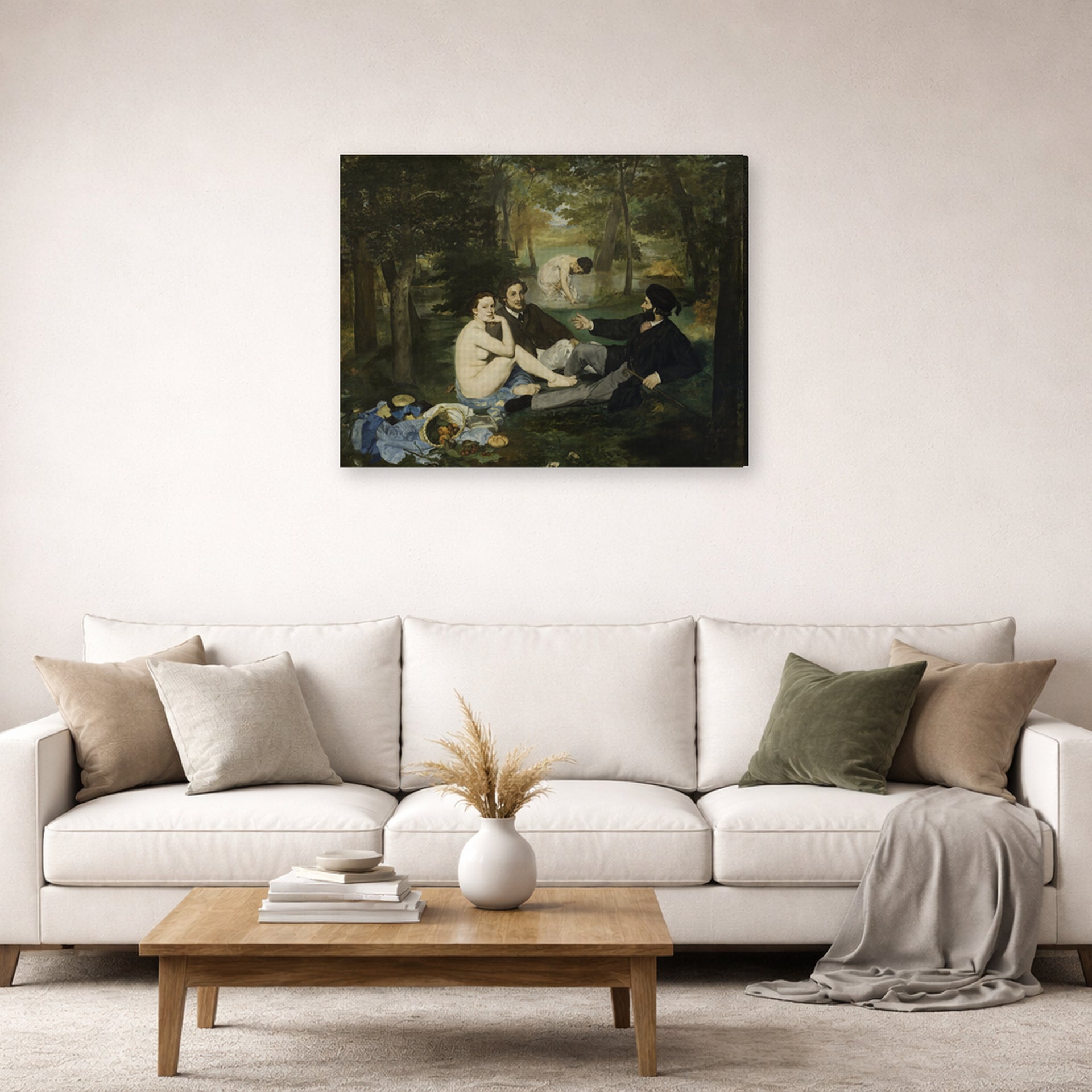 Gallery-wrapped canvas print of Edouard Manet's 'Luncheon on the Grass' displayed on a wall in a living room