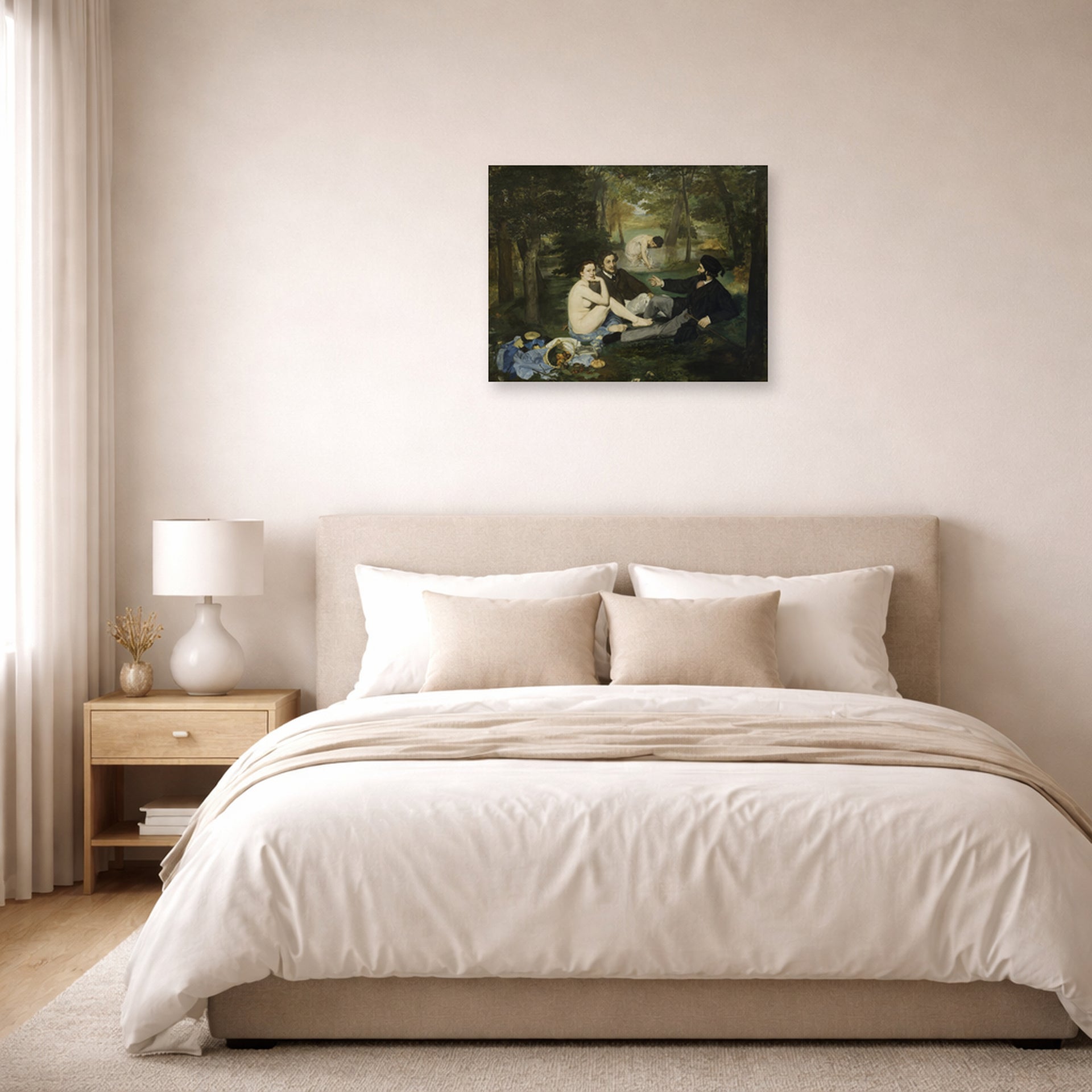 Unframed poster print of Edouard Manet's 'Luncheon on the Grass' displayed on a wall in a bedroom