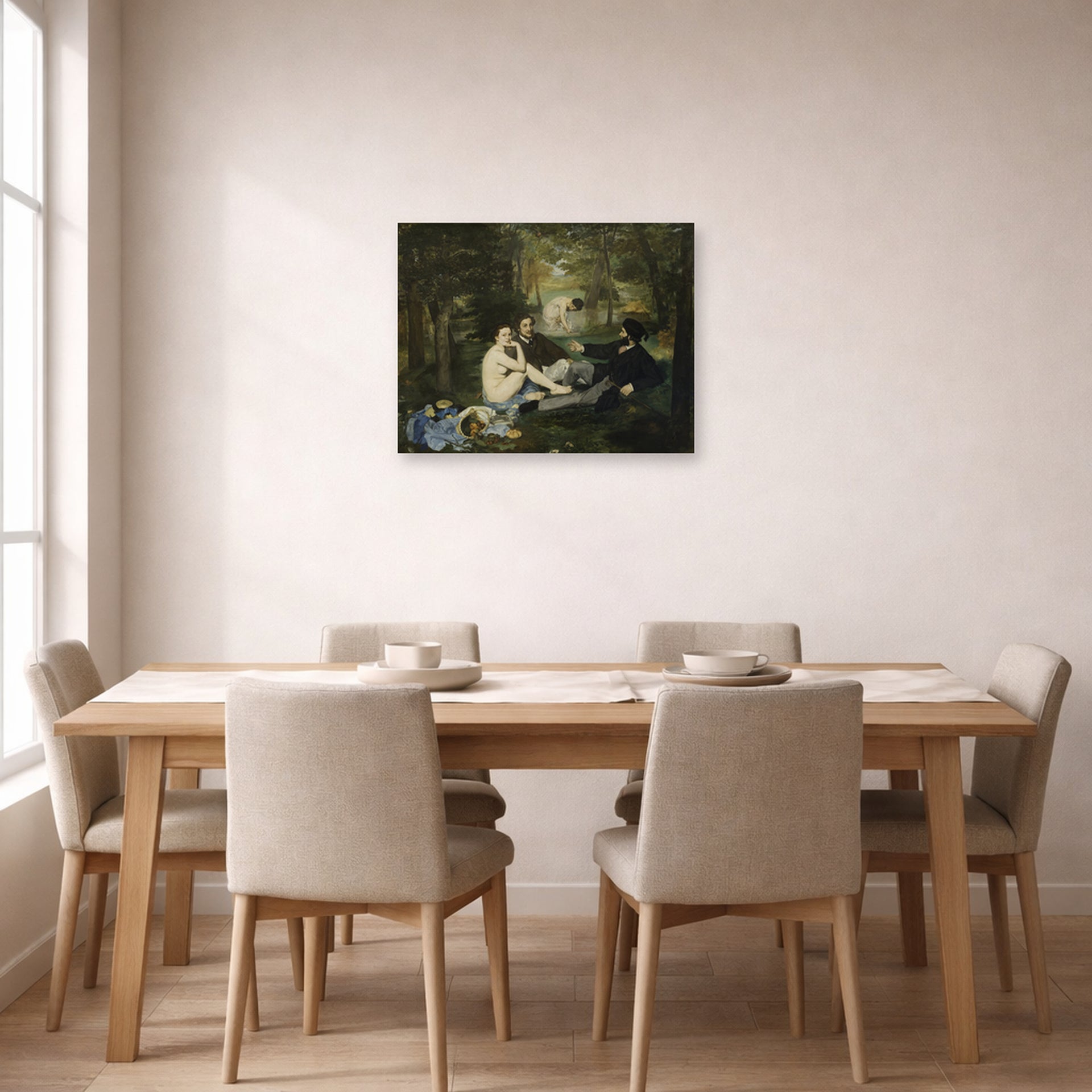 Unframed poster print of Edouard Manet's 'Luncheon on the Grass' displayed on a wall in a dining room