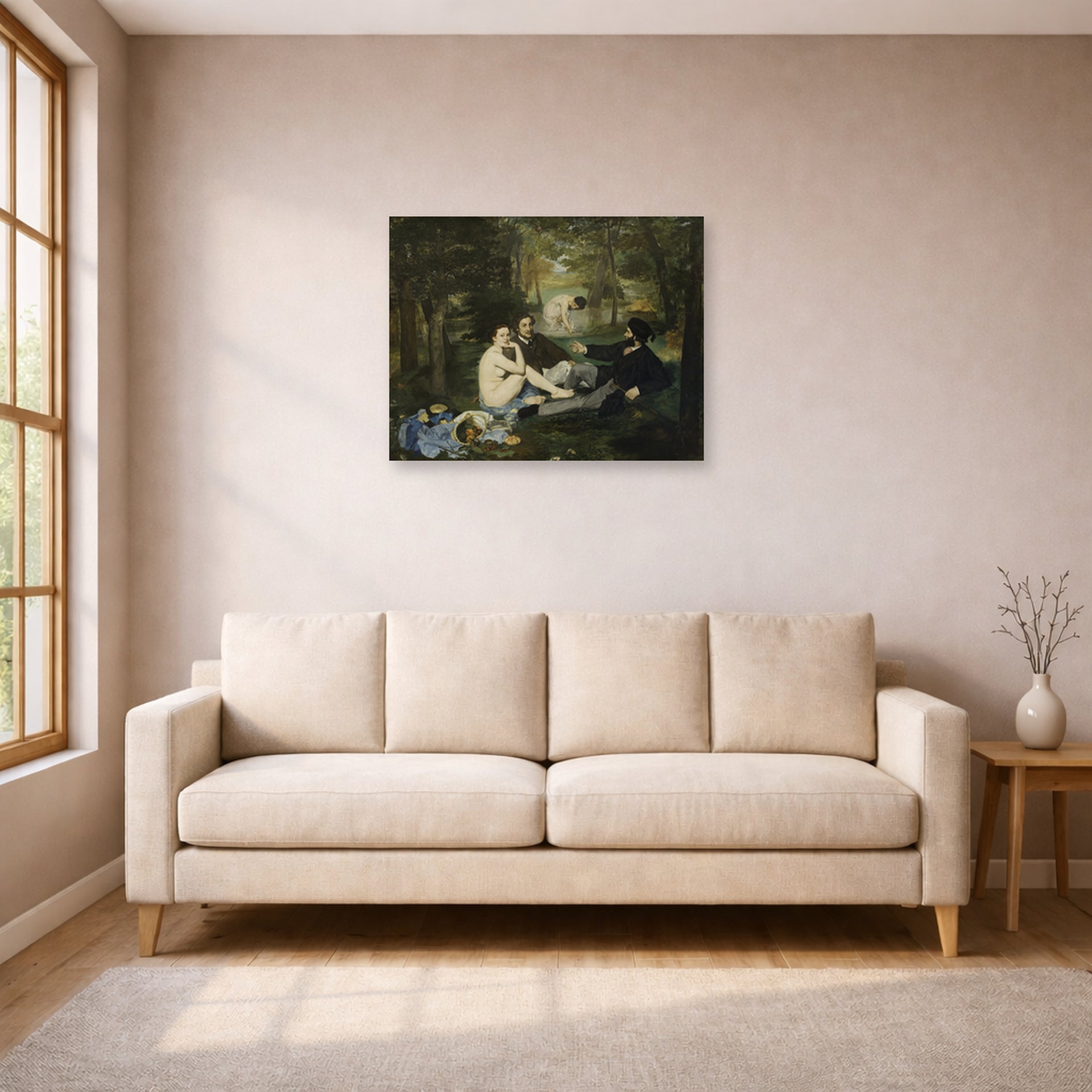 Unframed poster print of Edouard Manet's 'Luncheon on the Grass' displayed on a wall in a living room