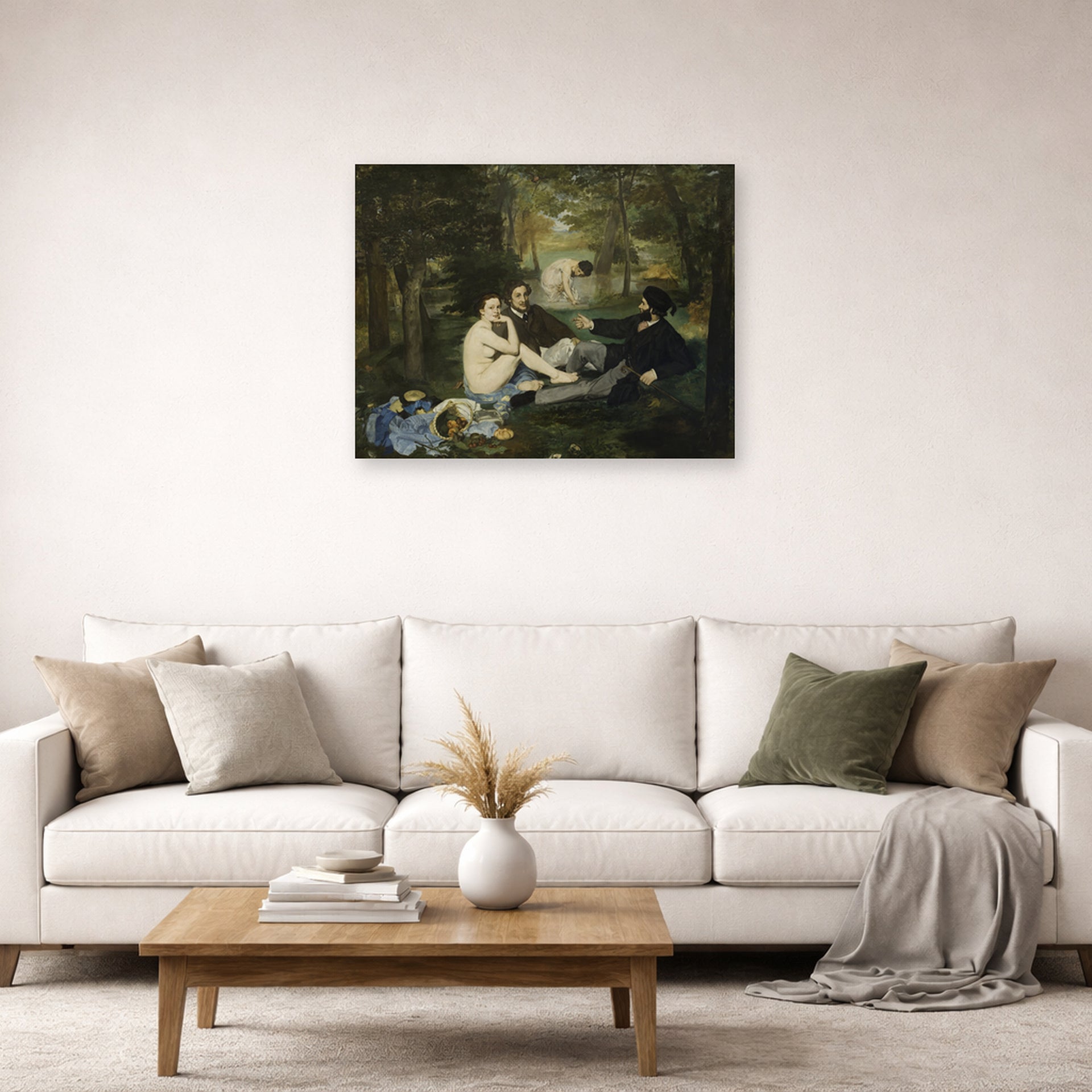 Unframed poster print of Edouard Manet's 'Luncheon on the Grass' displayed on a wall in a living room