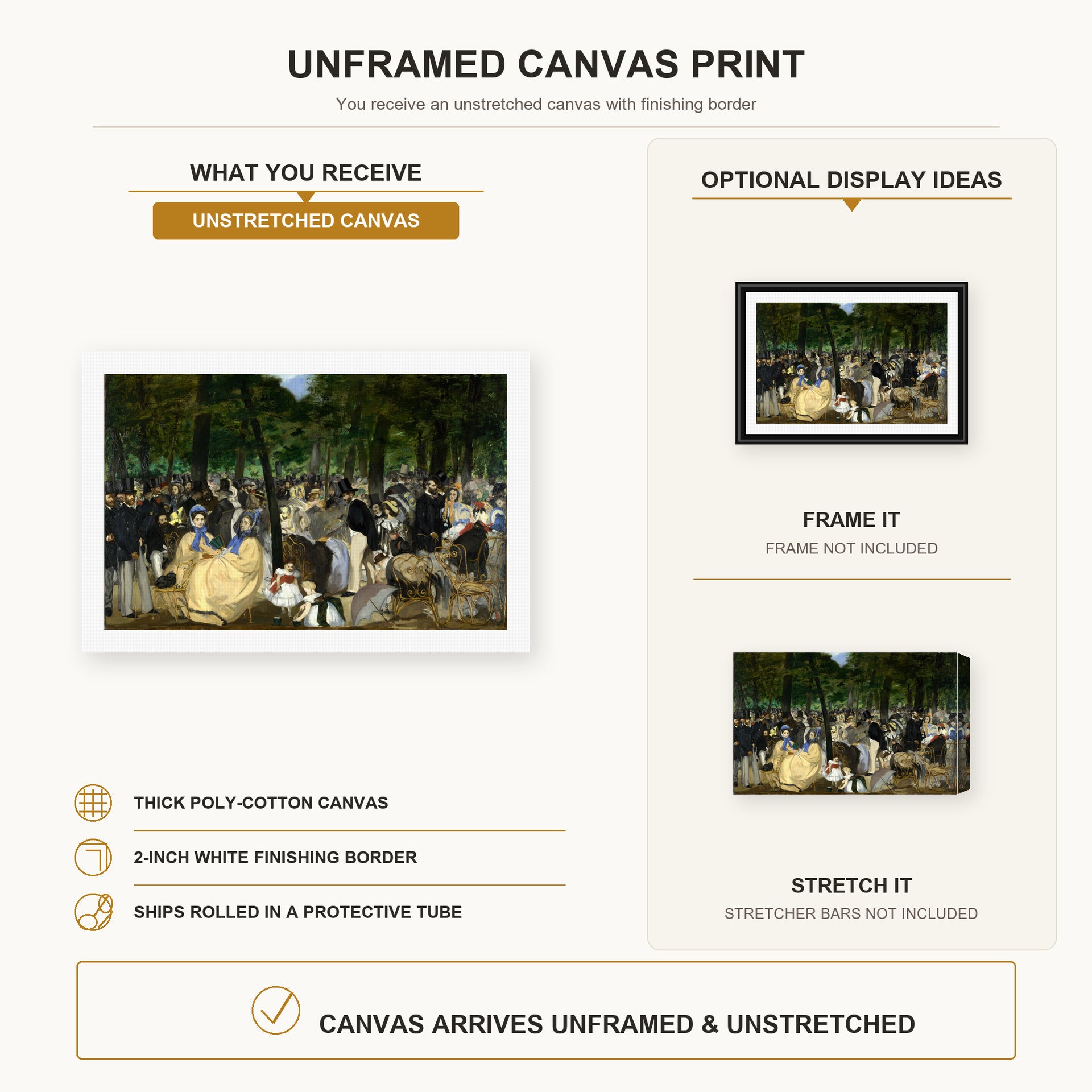Edouard Manet - Music in the Tuileries Gardens canvas print size comparison and framing display infographic