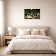 Gallery-wrapped canvas print of Edouard Manet's 'Music in the Tuileries Gardens' displayed on a wall in a bedroom