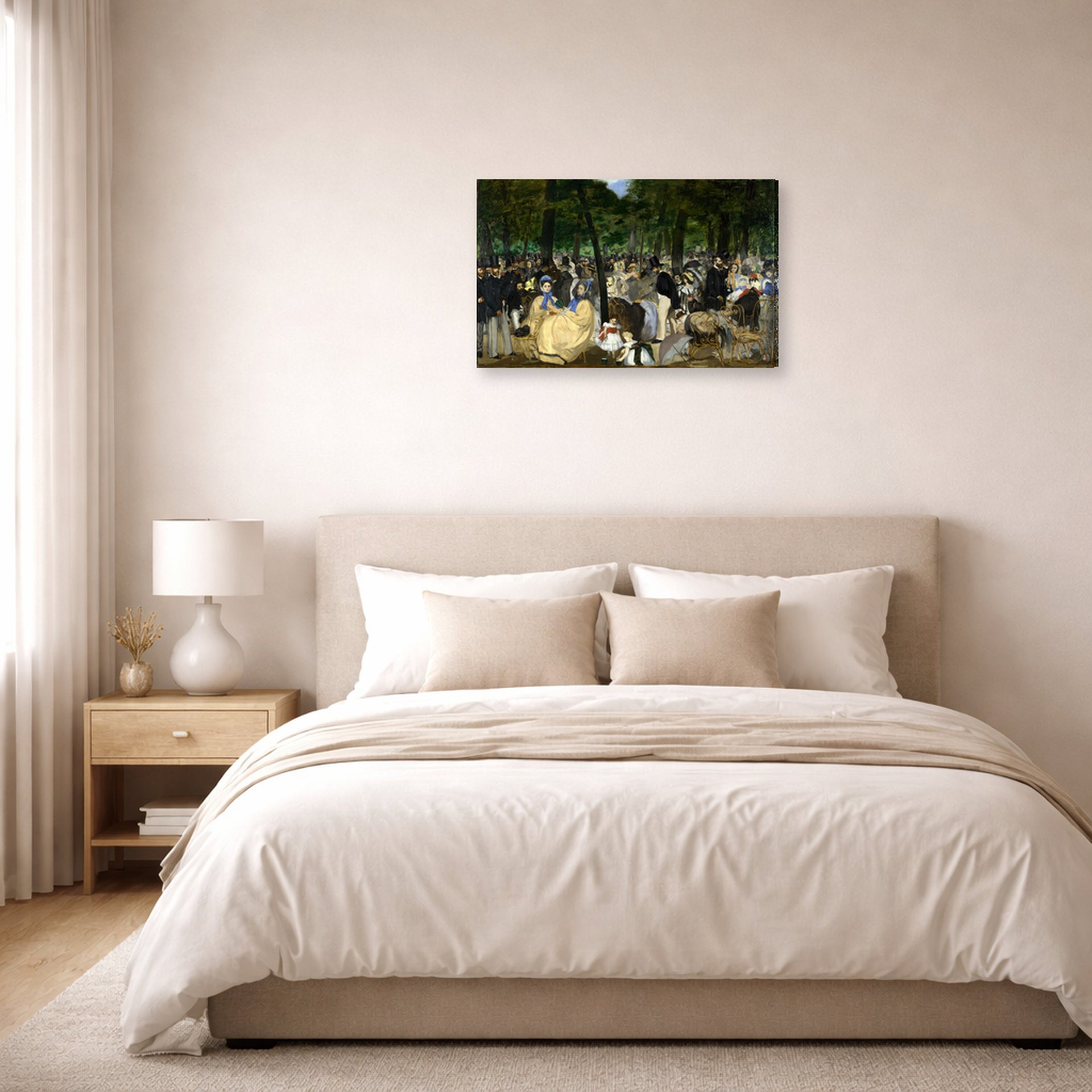 Gallery-wrapped canvas print of Edouard Manet's 'Music in the Tuileries Gardens' displayed on a wall in a bedroom
