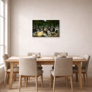 Gallery-wrapped canvas print of Edouard Manet's 'Music in the Tuileries Gardens' displayed on a wall in a dining room