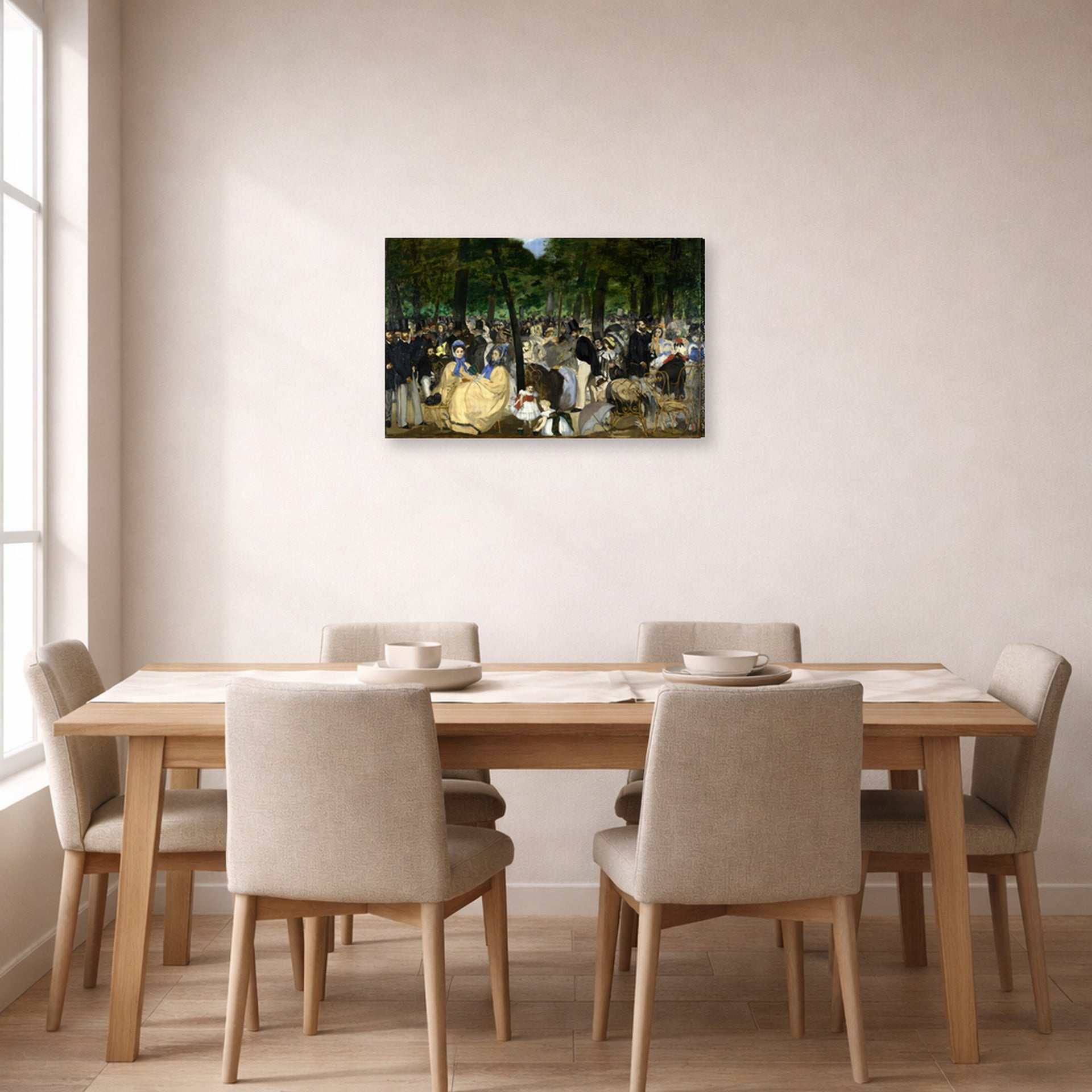 Gallery-wrapped canvas print of Edouard Manet's 'Music in the Tuileries Gardens' displayed on a wall in a dining room