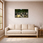 Gallery-wrapped canvas print of Edouard Manet's 'Music in the Tuileries Gardens' displayed on a wall in a living room