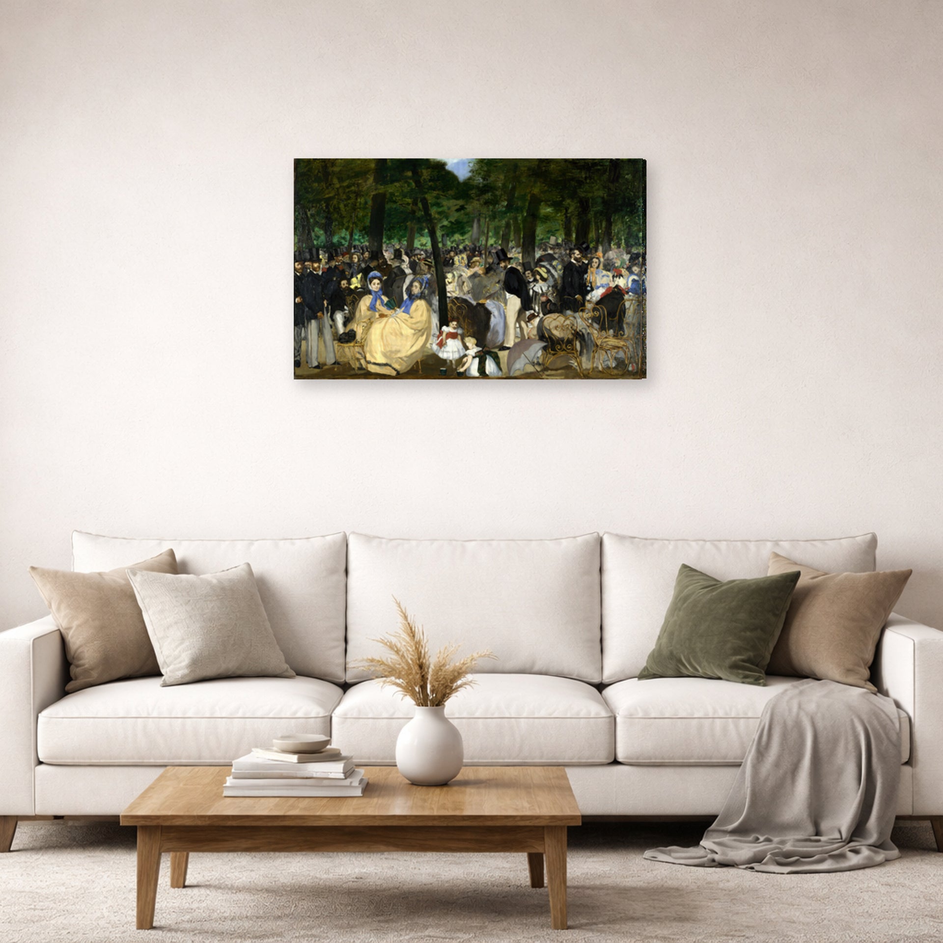 Gallery-wrapped canvas print of Edouard Manet's 'Music in the Tuileries Gardens' displayed on a wall in a living room