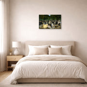 Unframed poster print of Edouard Manet's 'Music in the Tuileries Gardens' displayed on a wall in a bedroom