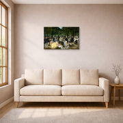 Unframed poster print of Edouard Manet's 'Music in the Tuileries Gardens' displayed on a wall in a living room