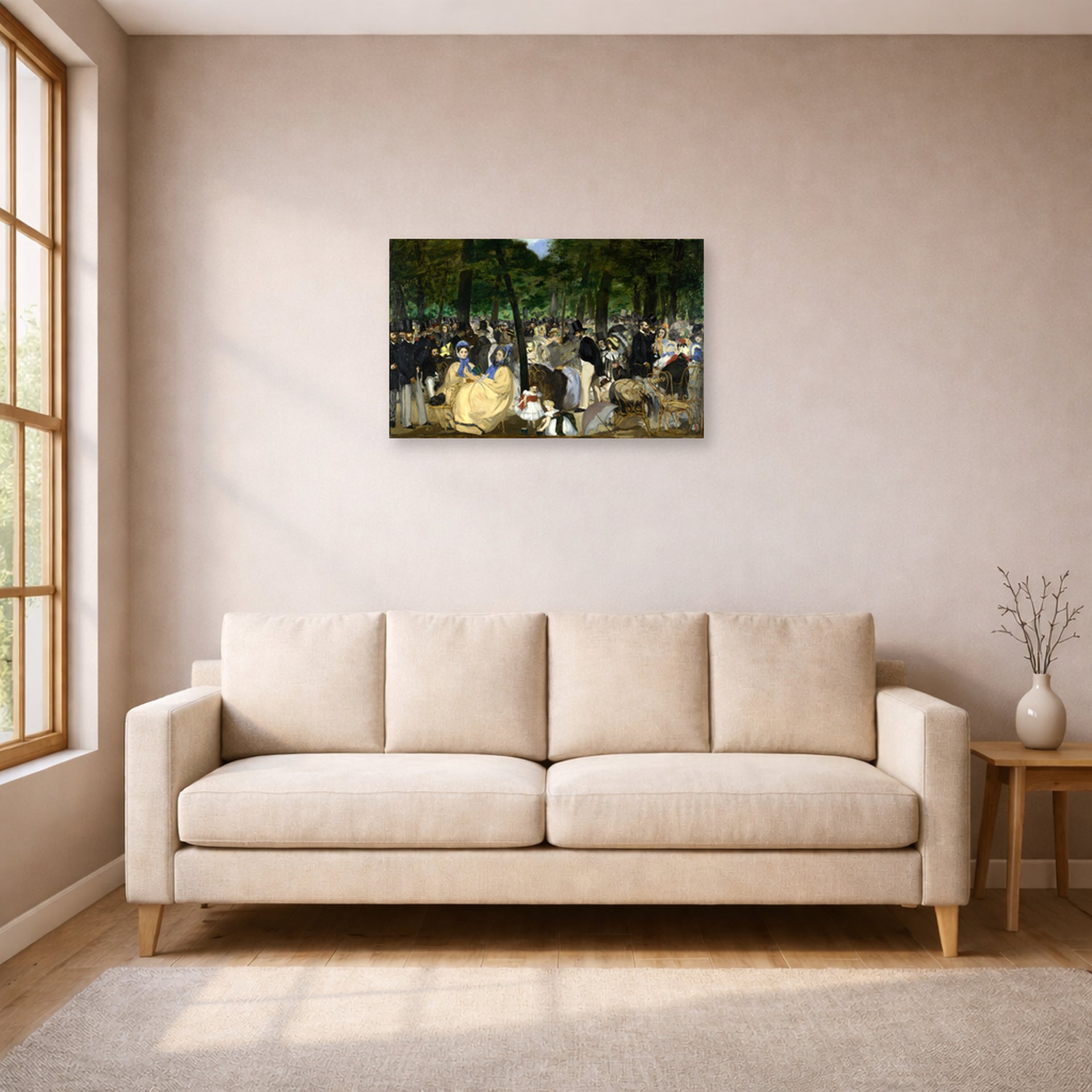 Unframed poster print of Edouard Manet's 'Music in the Tuileries Gardens' displayed on a wall in a living room