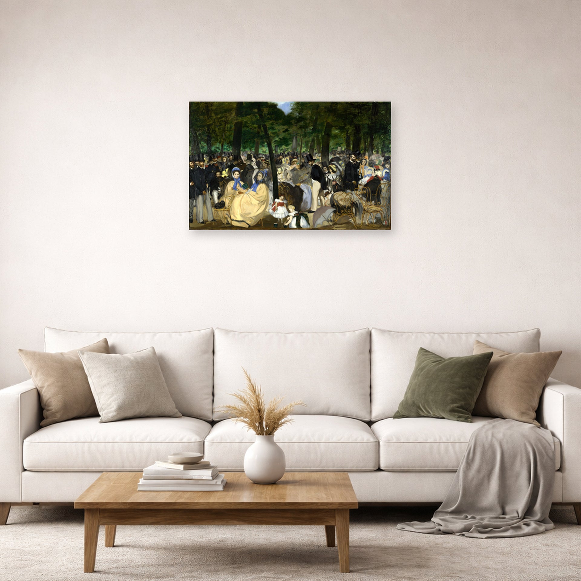Unframed poster print of Edouard Manet's 'Music in the Tuileries Gardens' displayed on a wall in a living room