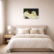 Gallery-wrapped canvas print of Edouard Manet's 'Olympia 1863' displayed on a wall in a bedroom