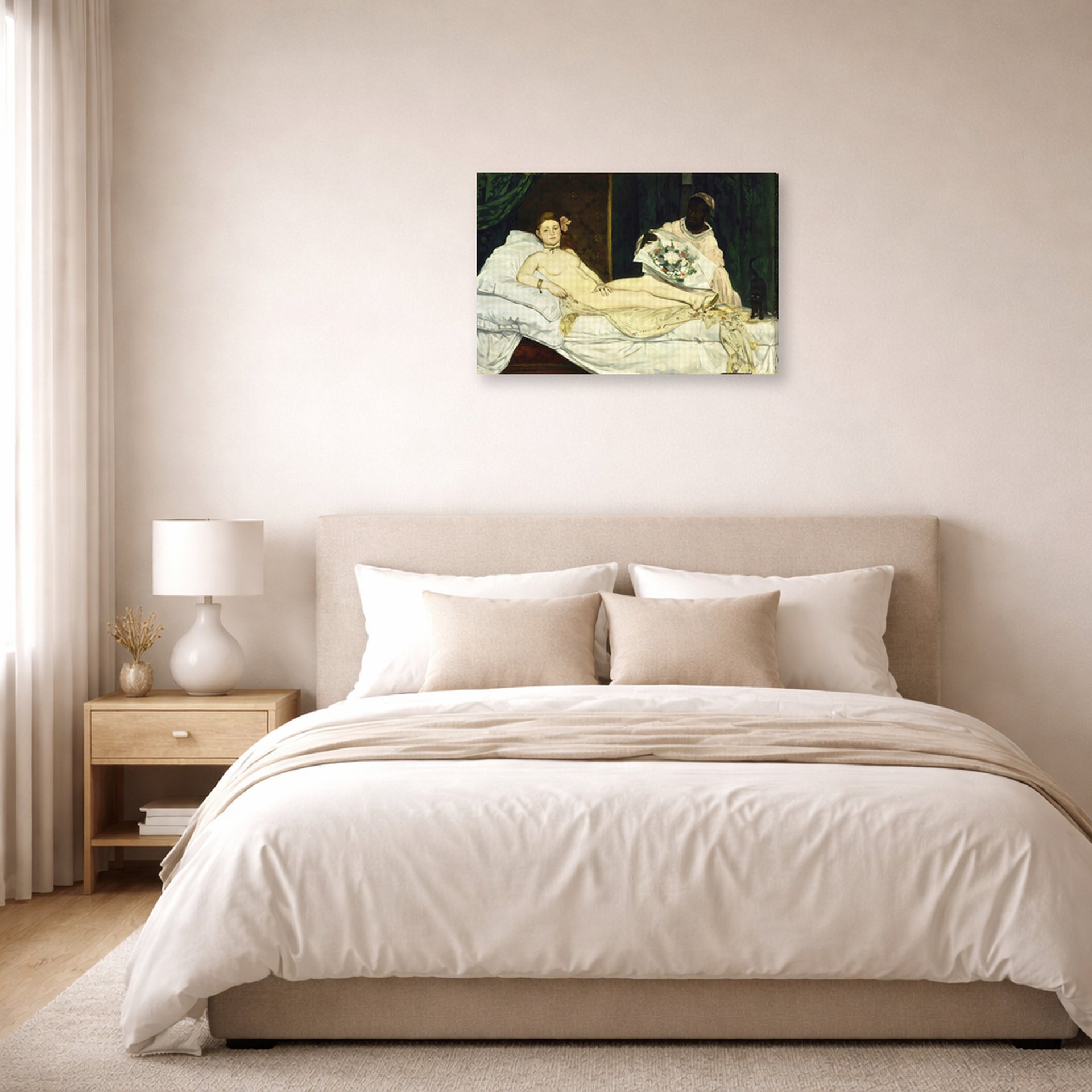 Gallery-wrapped canvas print of Edouard Manet's 'Olympia 1863' displayed on a wall in a bedroom