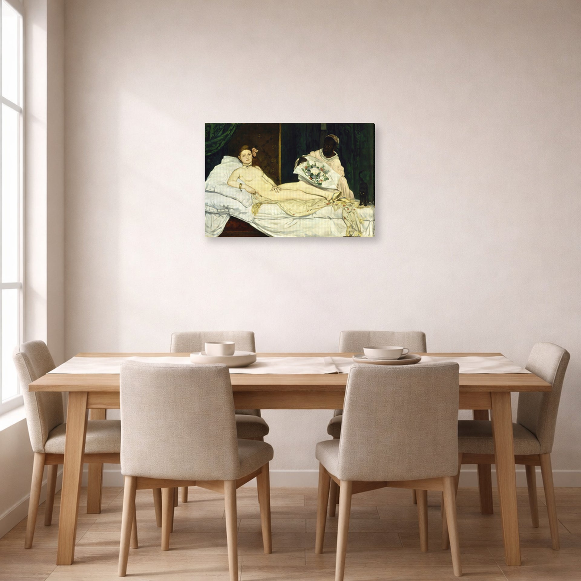 Gallery-wrapped canvas print of Edouard Manet's 'Olympia 1863' displayed on a wall in a dining room