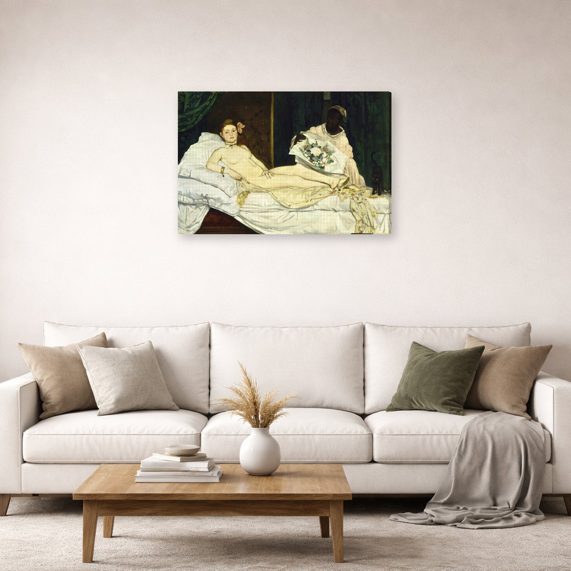 Gallery-wrapped canvas print of Edouard Manet's 'Olympia 1863' displayed on a wall in a living room