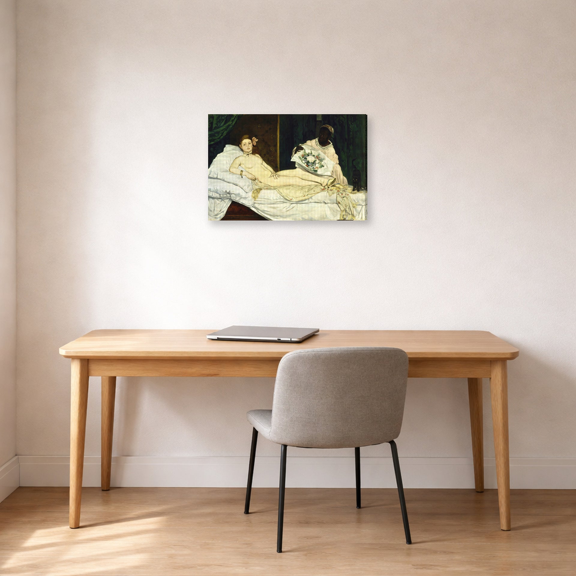 Gallery-wrapped canvas print of Edouard Manet's 'Olympia 1863' displayed on a wall in a home office