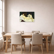 Unframed poster print of Edouard Manet's 'Olympia 1863' displayed on a wall in a dining room