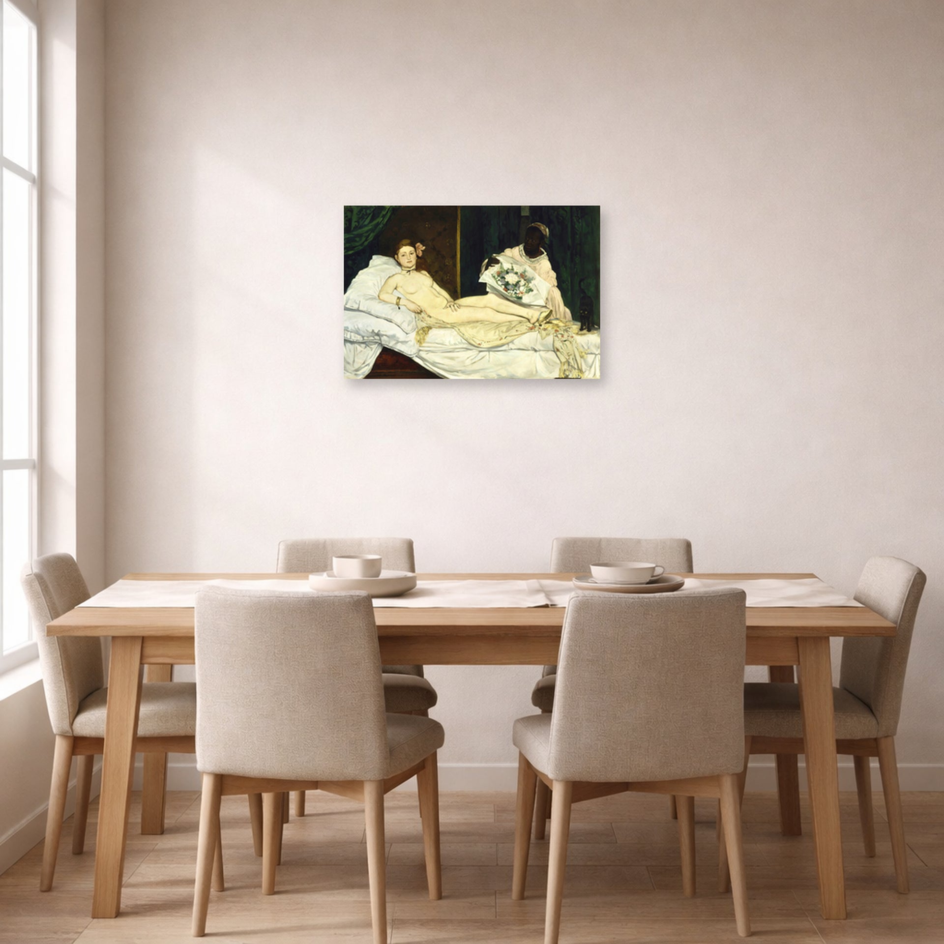 Unframed poster print of Edouard Manet's 'Olympia 1863' displayed on a wall in a dining room