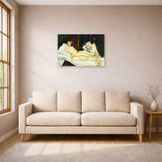 Unframed poster print of Edouard Manet's 'Olympia 1863' displayed on a wall in a living room